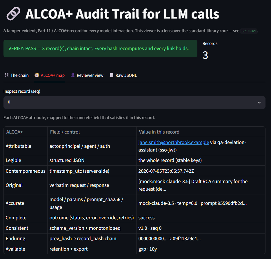 A single audit-trail record in the app's ALCOA+ map view, each field labelled with the attribute it satisfies